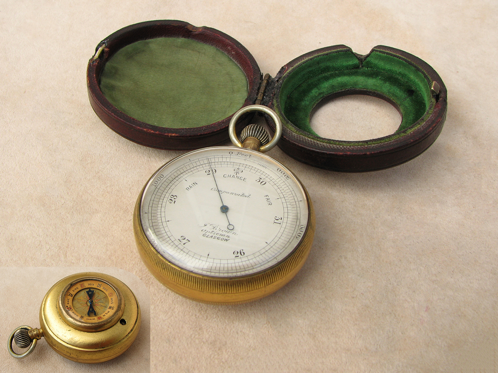 James Brown Victorian pocket barometer and compass compendium in case